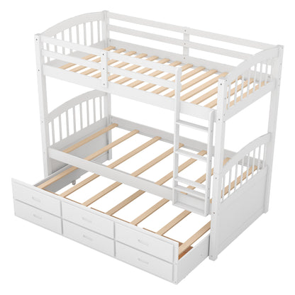 White Twin over Twin Wood Bunk Bed with Trundle and Drawers