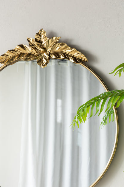 Large Round Wall Mirror with Gold Metal Leaf Frame