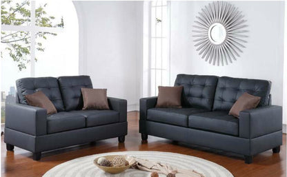 2 Piece Black Faux Leather Tufted Sofa Loveseat w Pillows Cushion Couch
