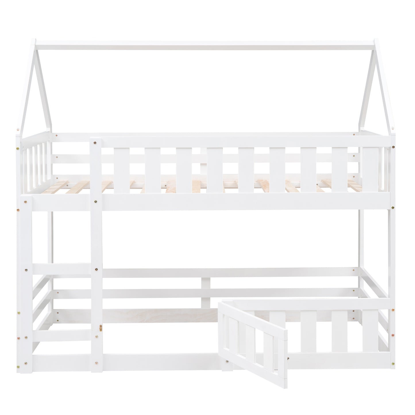 White Twin over Twin House Bunk Bed with Fence and Door