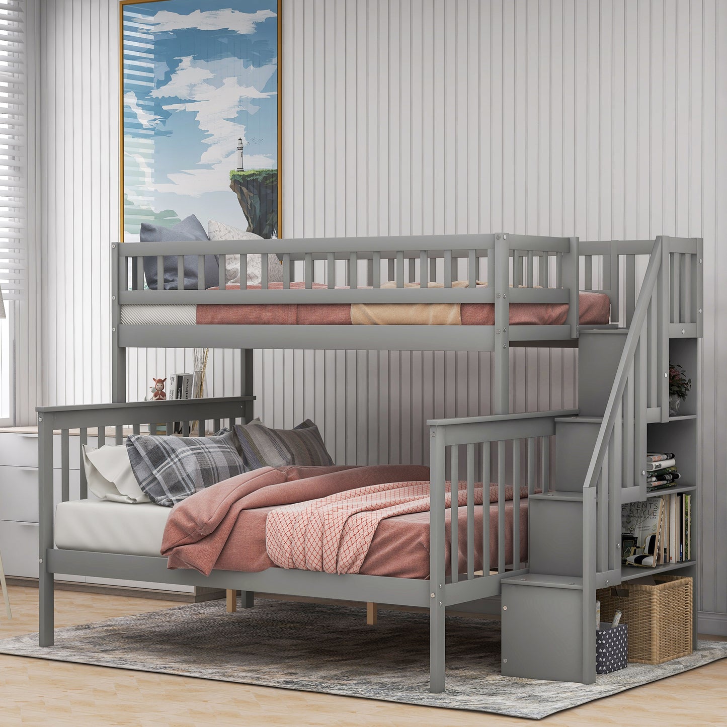 Gray Twin over Full Stairway Bunk Bed with Storage