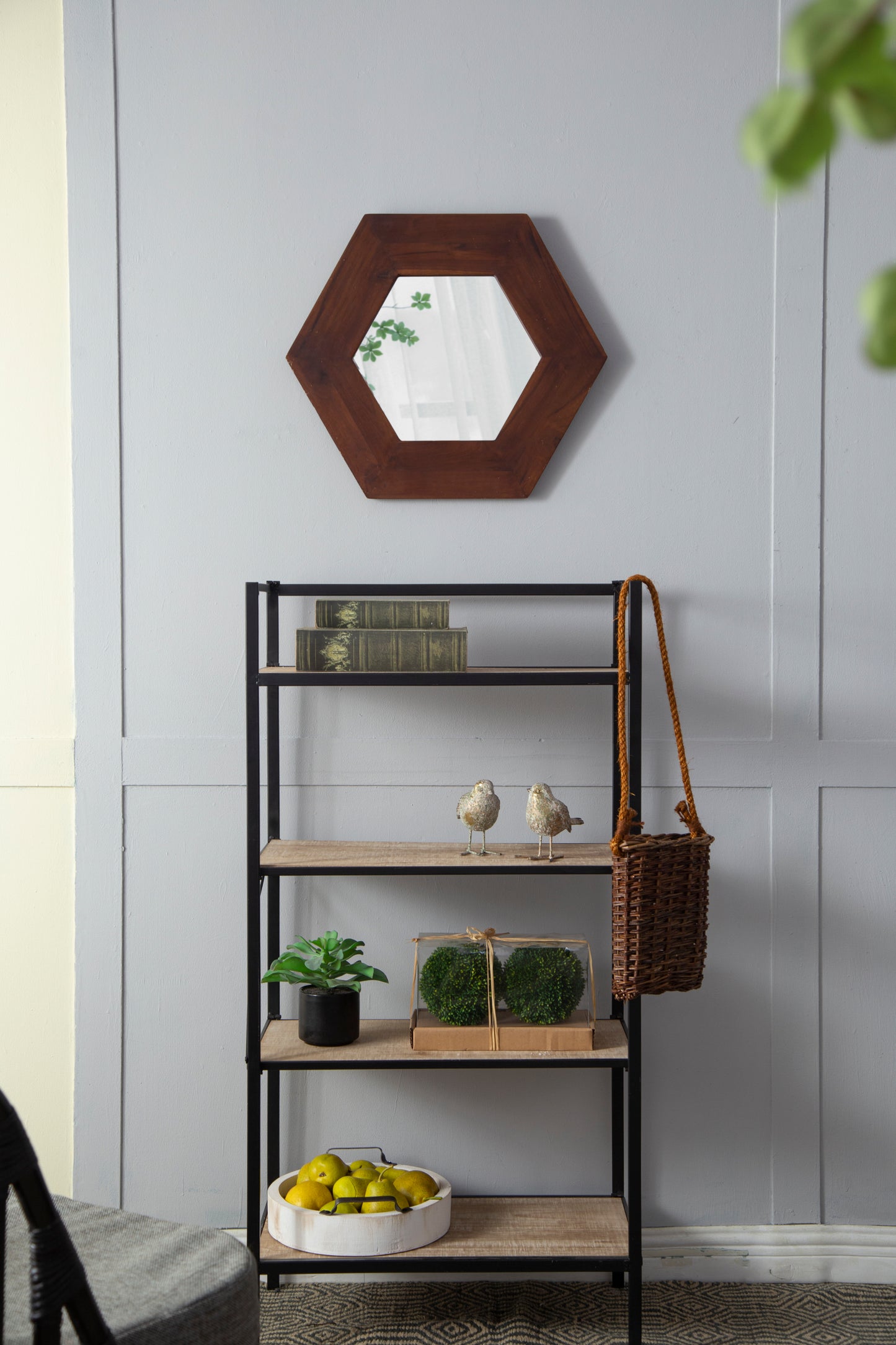 18.5" x 18.5" Hexagon Mirror with Dark Brown Wood Frame