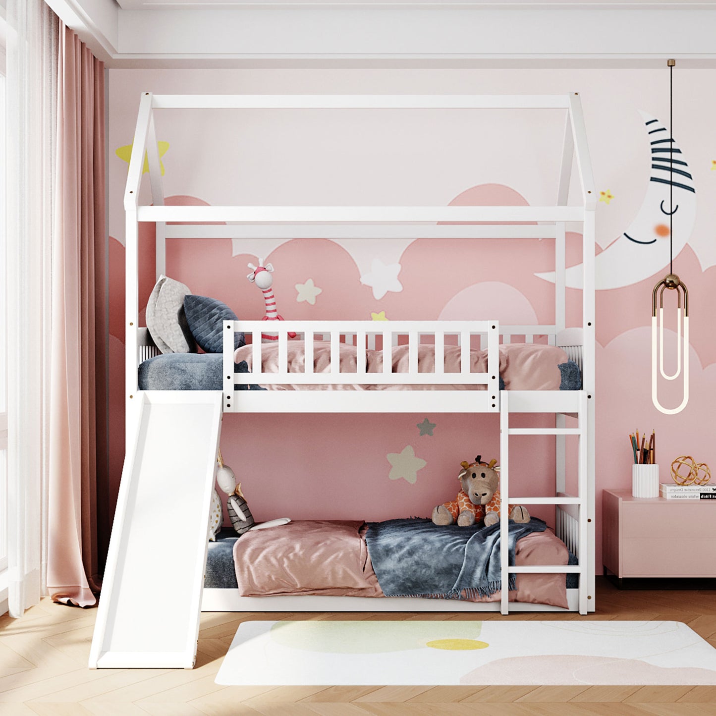 House White Twin Over Twin Bunk Bed with Slide