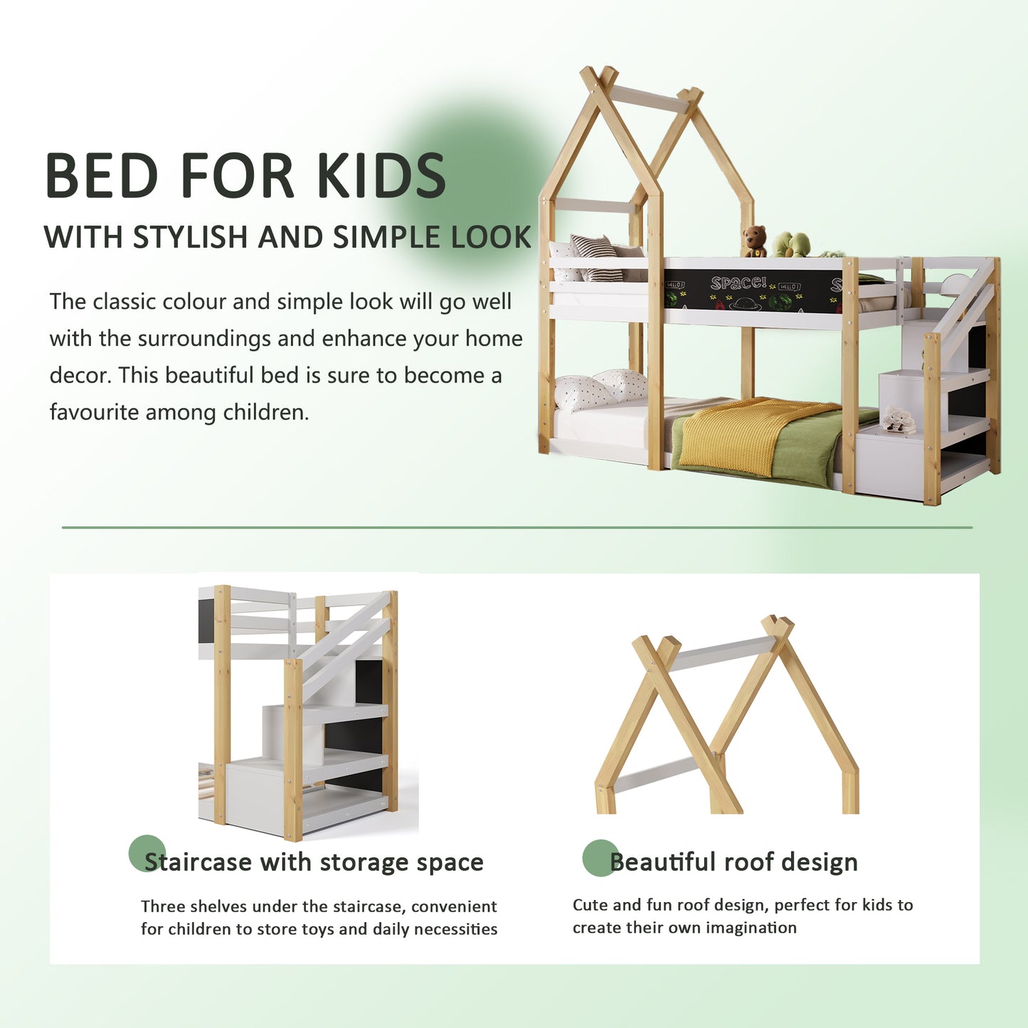 Twin over Twin House Bunk Bed with White Storage Staircase and Blackboard