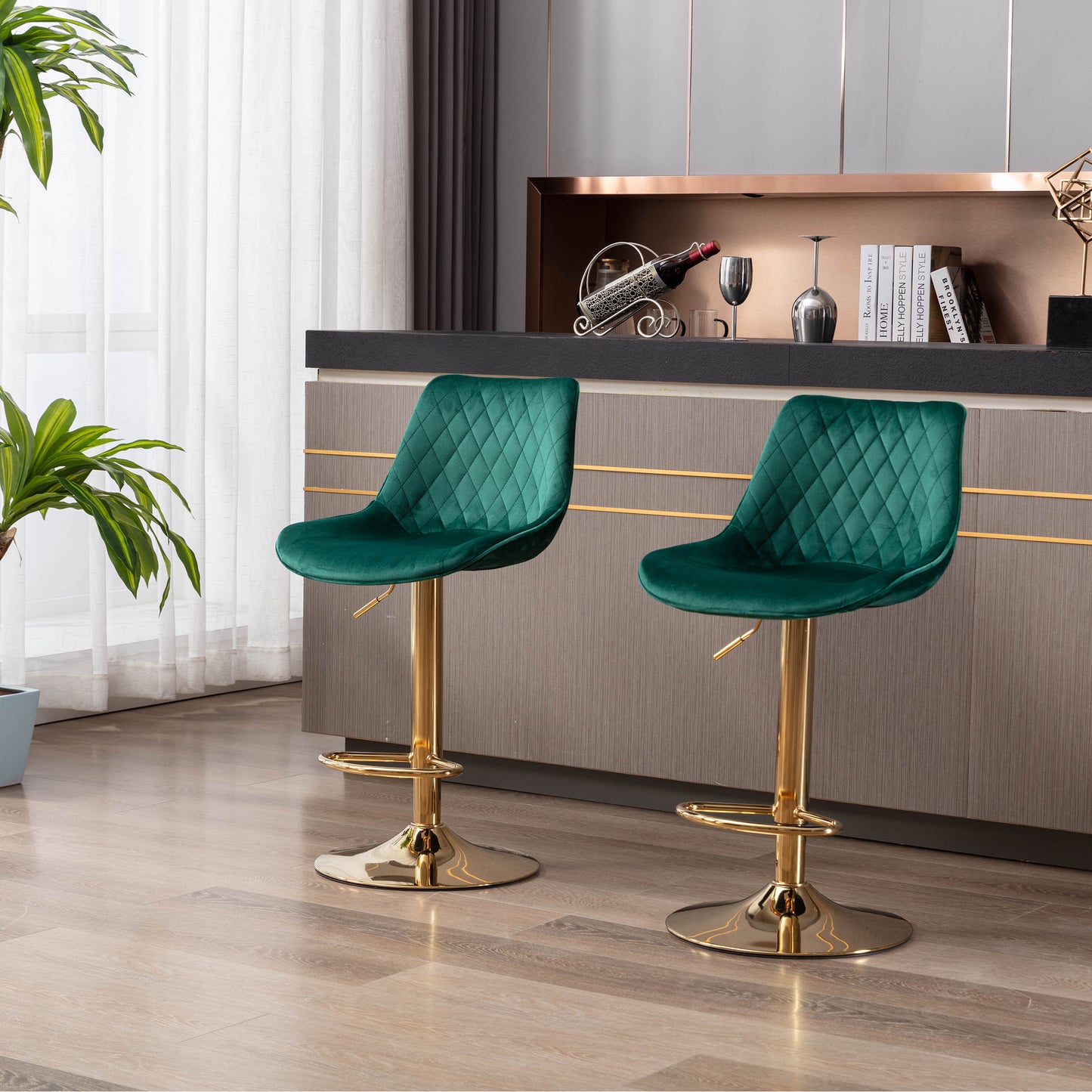 Diamond Adjustable Bar Stool Set of 2 (green/gold)