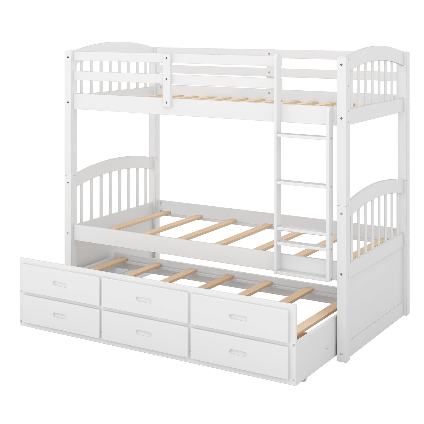 White Twin over Twin Wood Bunk Bed with Trundle and Drawers