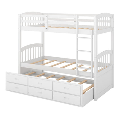 White Twin over Twin Wood Bunk Bed with Trundle and Drawers