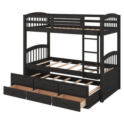 Espresso Twin over Twin Wood Bunk Bed with Trundle and Drawers