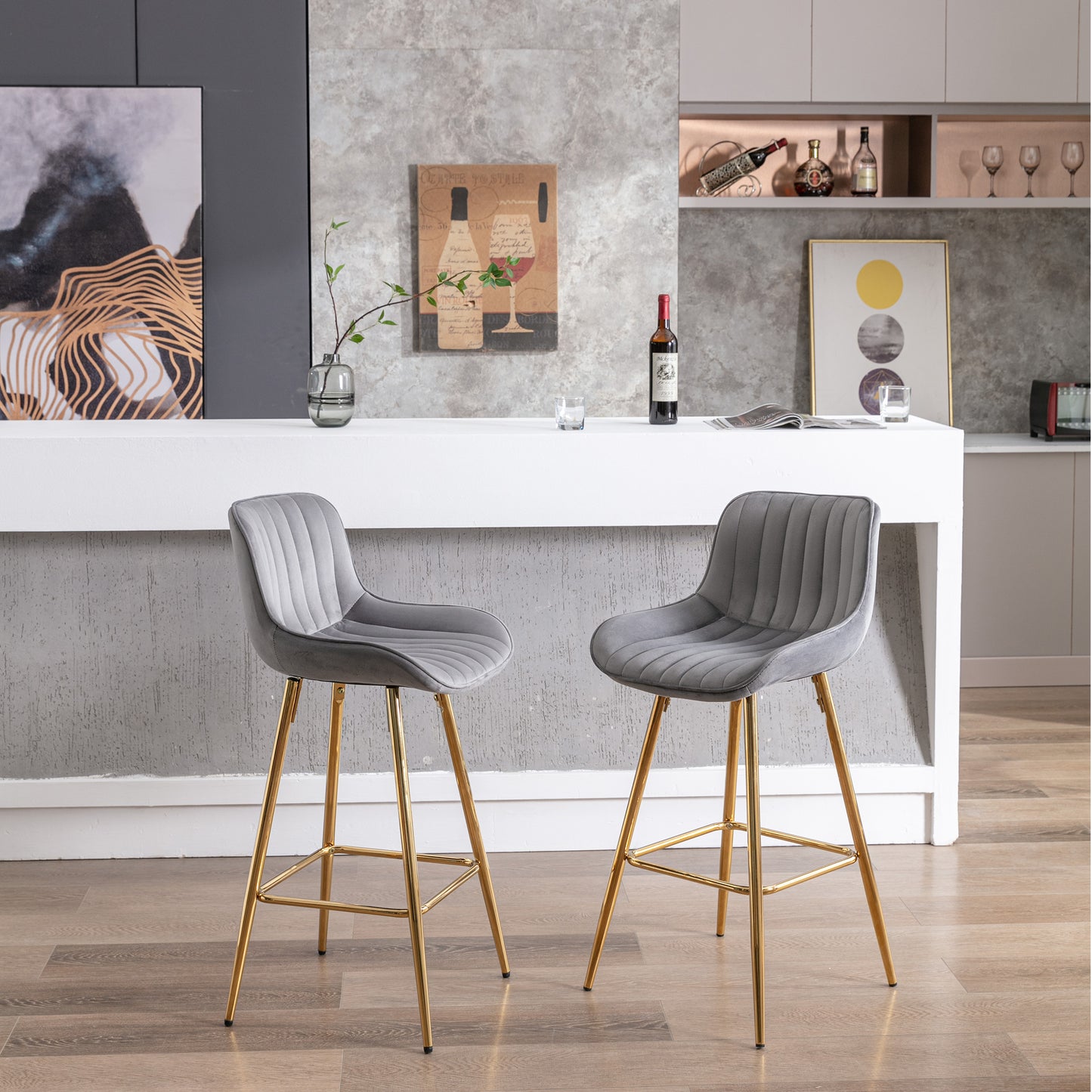 26" Set of 2 Bar Stools (gray/gold)