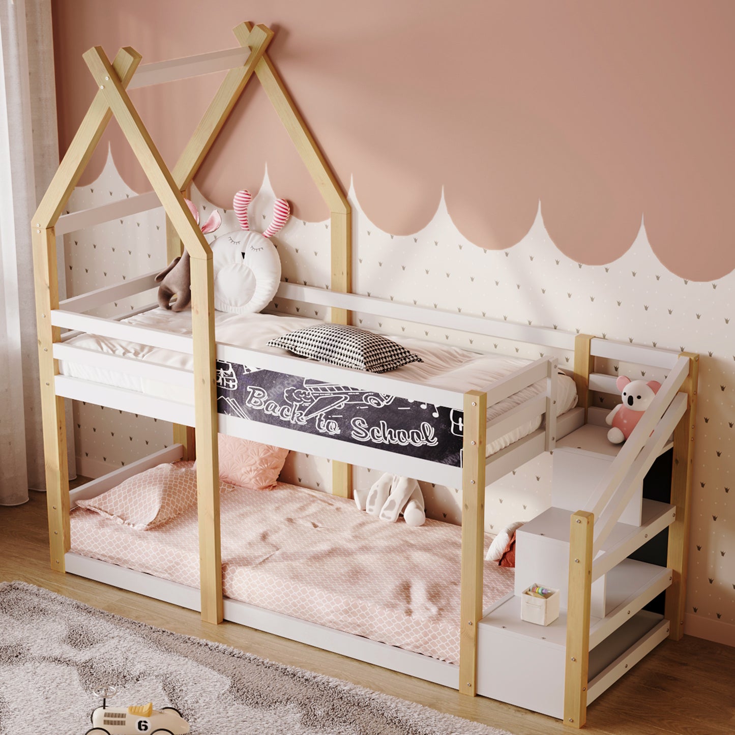 Twin over Twin House Bunk Bed with White Storage Staircase and Blackboard