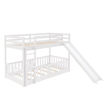 White Wood Twin Over Twin Bunk Bed with Slide and Ladder