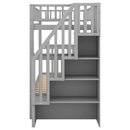 Gray Twin over Twin Bunk Bed with Trundle and Storage