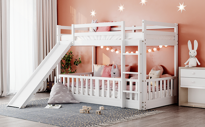 White Wood Twin Over Twin Bunk Bed with Slide and Ladder