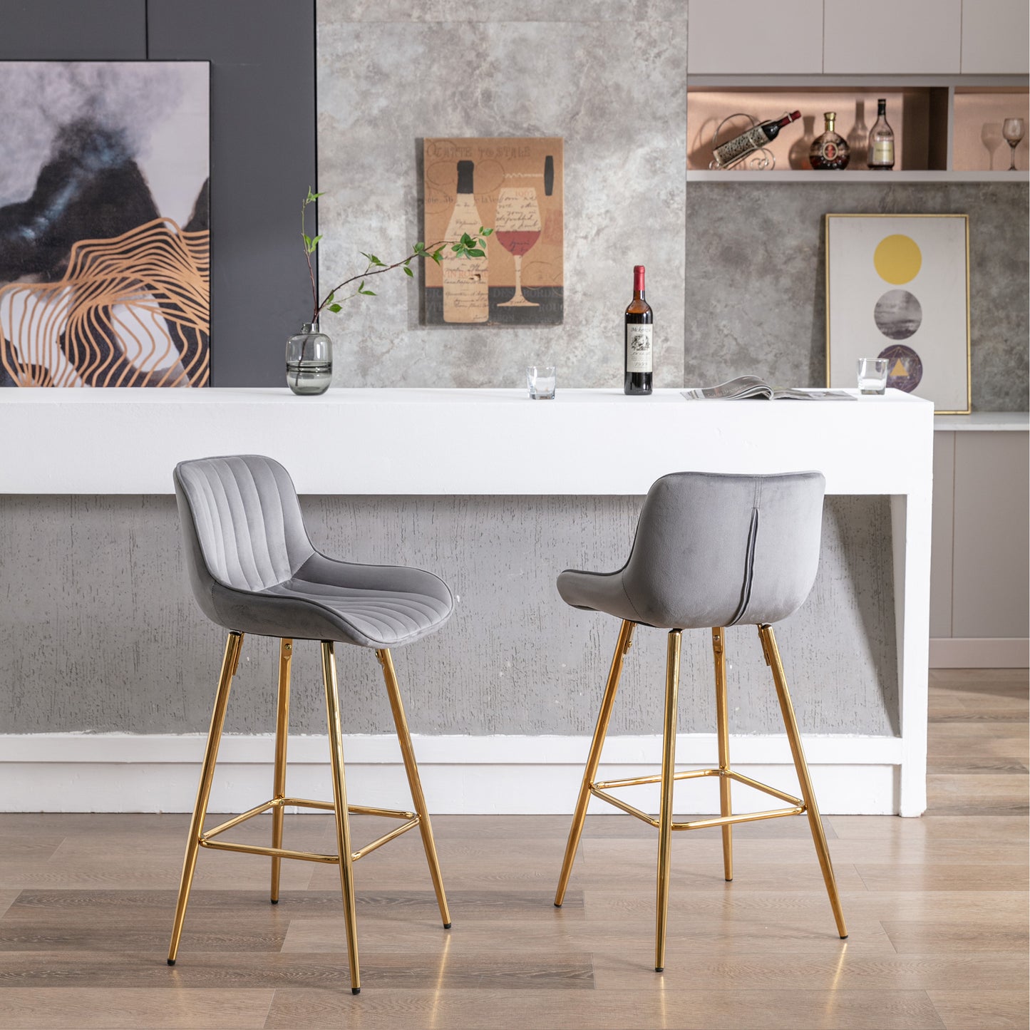 26" Set of 2 Bar Stools (gray/gold)