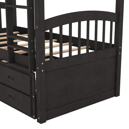 Espresso Twin over Twin Wood Bunk Bed with Trundle and Drawers