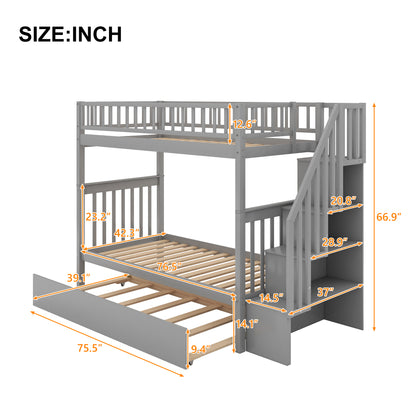 Gray Twin over Twin Bunk Bed with Trundle and Storage