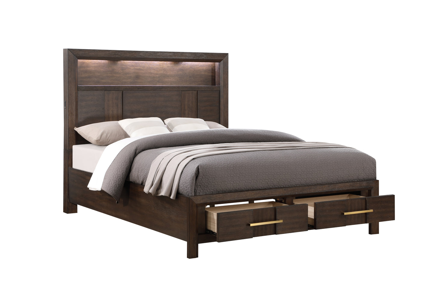 Kenzo 5 Piece Modern Style King Storage Bedroom Set Made with Wood, LED Headboard, Bluetooth Speakers & USB Ports - Walnut
