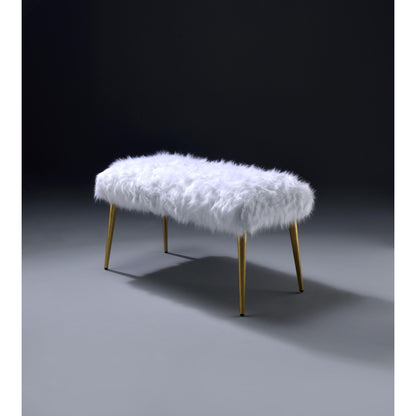 Bagley Bench in White Faux Fur & Gold
