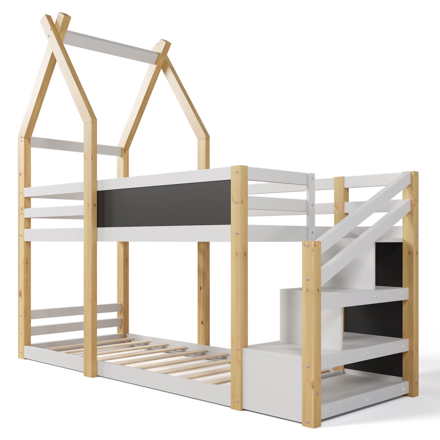 Twin over Twin House Bunk Bed with White Storage Staircase and Blackboard