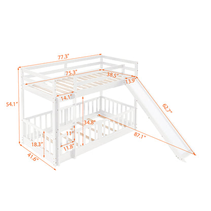 White Wood Twin Over Twin Bunk Bed with Slide and Ladder