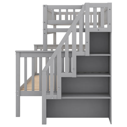 Gray Twin over Full Stairway Bunk Bed with Storage