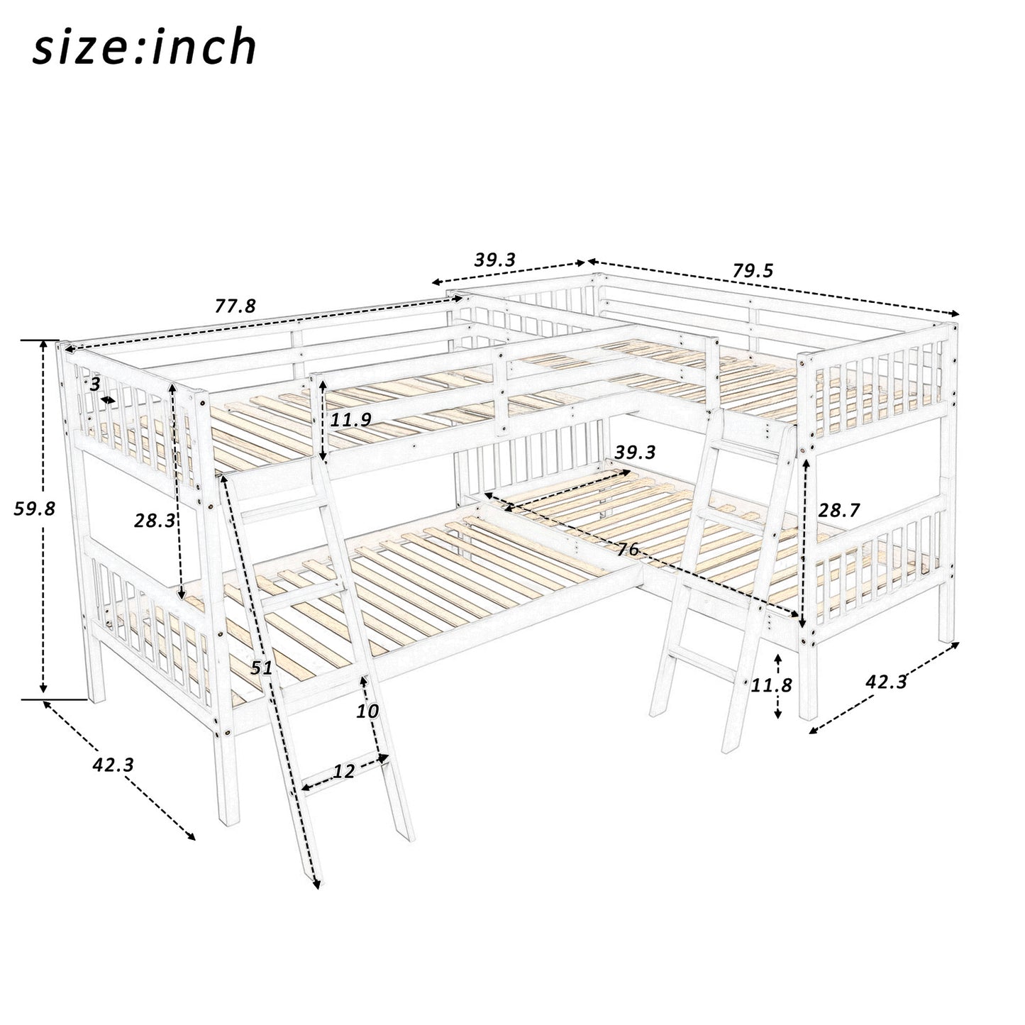 L-Shaped White Wood Twin Bunk Bed