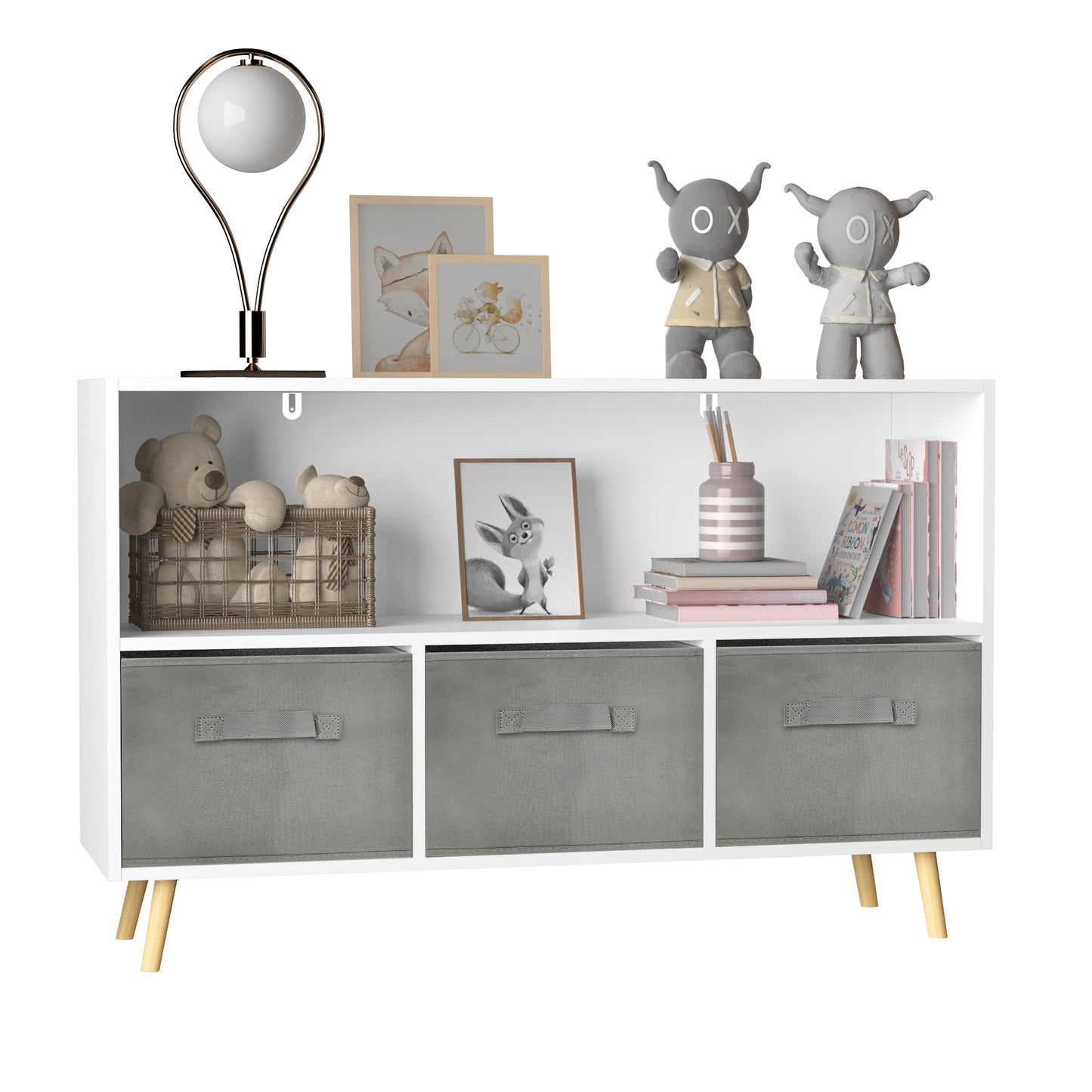 Kids bookcase with Collapsible Fabric Drawers (gray)