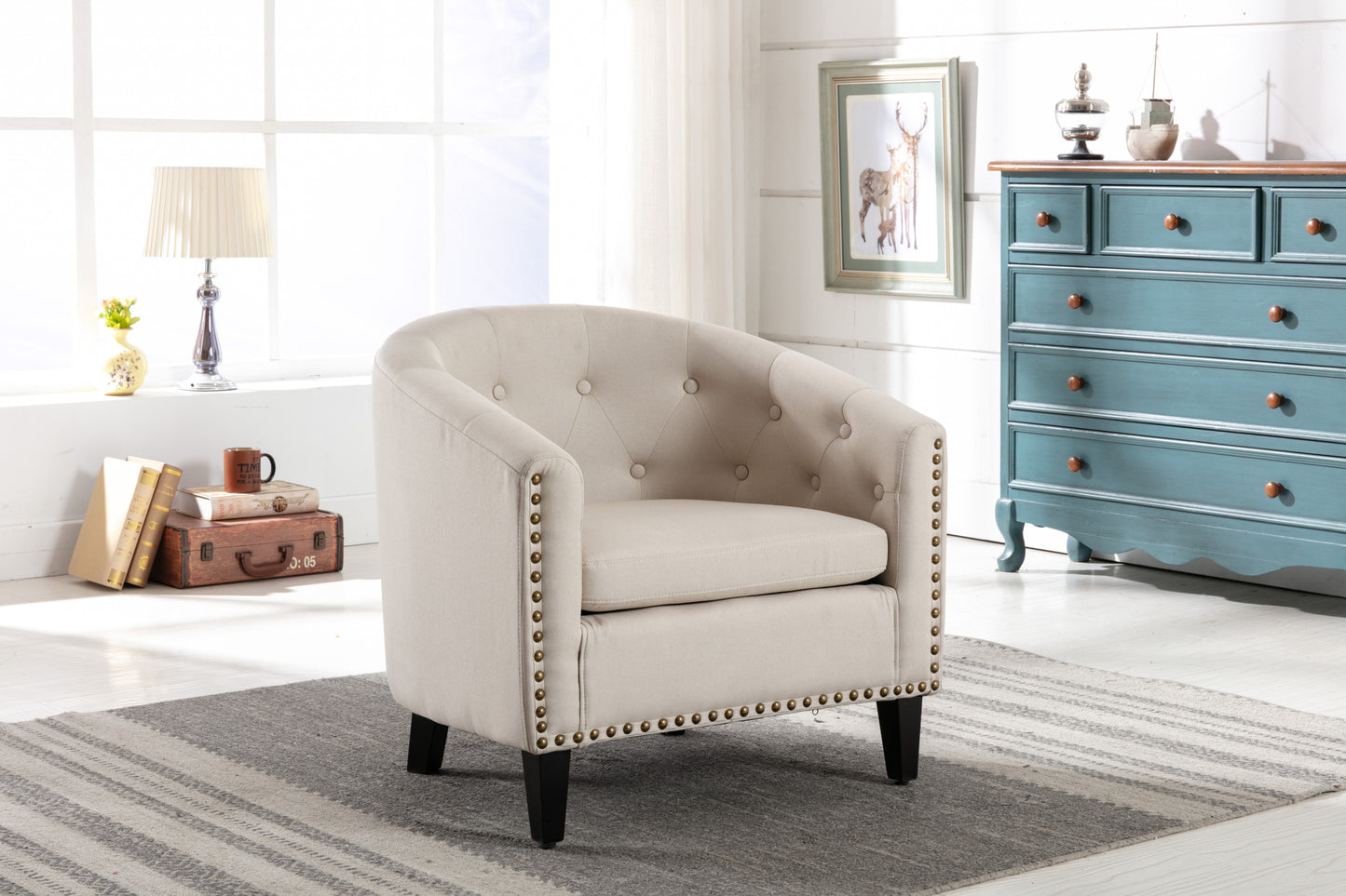 Linen Tan Fabric Tufted Barrel Accent Chair