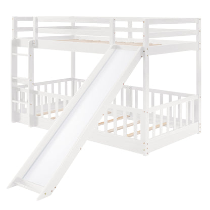 White Wood Twin Over Twin Bunk Bed with Slide and Ladder