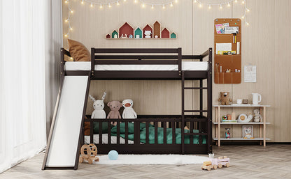 Espresso Wood Twin Over Twin Bunk Bed with Slide and Ladder