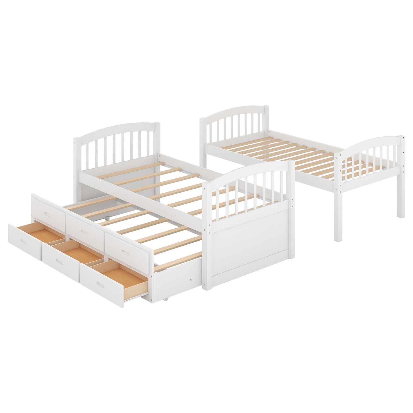 White Twin over Twin Wood Bunk Bed with Trundle and Drawers