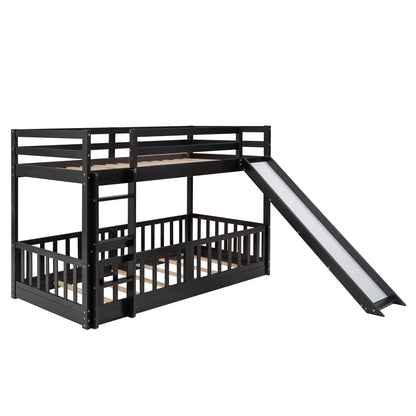 Espresso Wood Twin Over Twin Bunk Bed with Slide and Ladder