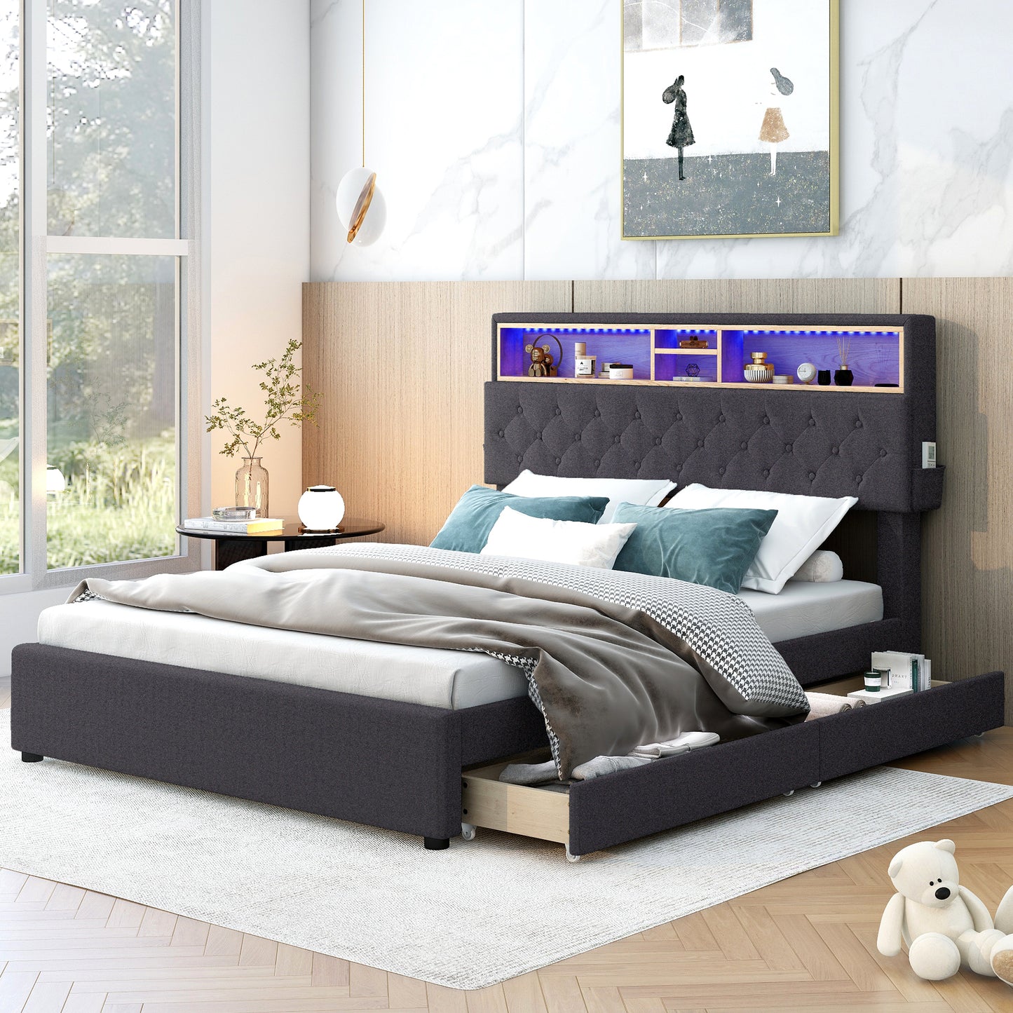 Damon Full Bed with Storage Headboar, 2 Drawers (dark gray)