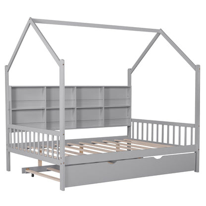 Gray Wooden Full Size House Bed with Trundle,