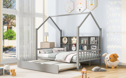 Gray Wooden Full Size House Bed with Trundle,