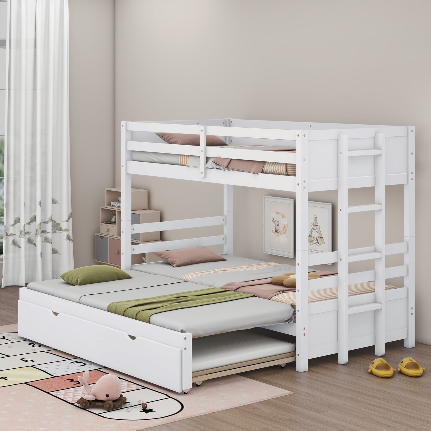 White Twin over Pull-out Bunk Bed with Trundle, White