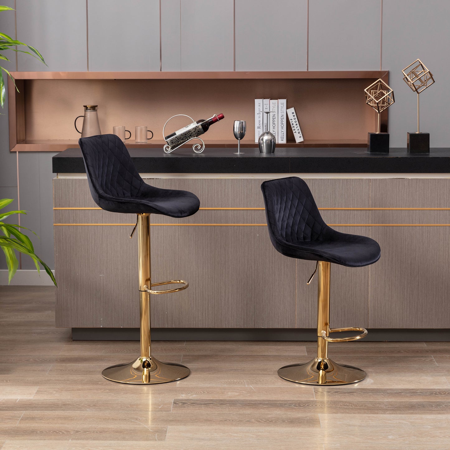 Diamond Adjustable Bar Stool Set of 2 (black/gold)