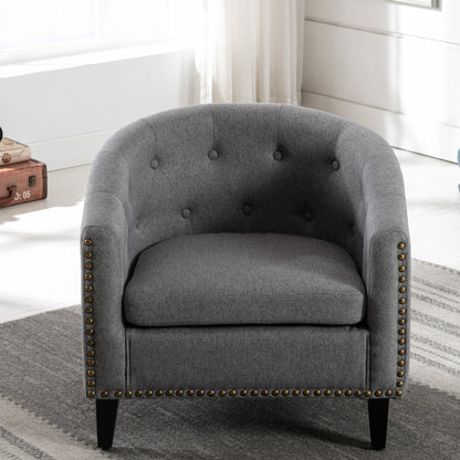 Linen Gray Fabric Tufted Barrel Accent Chair