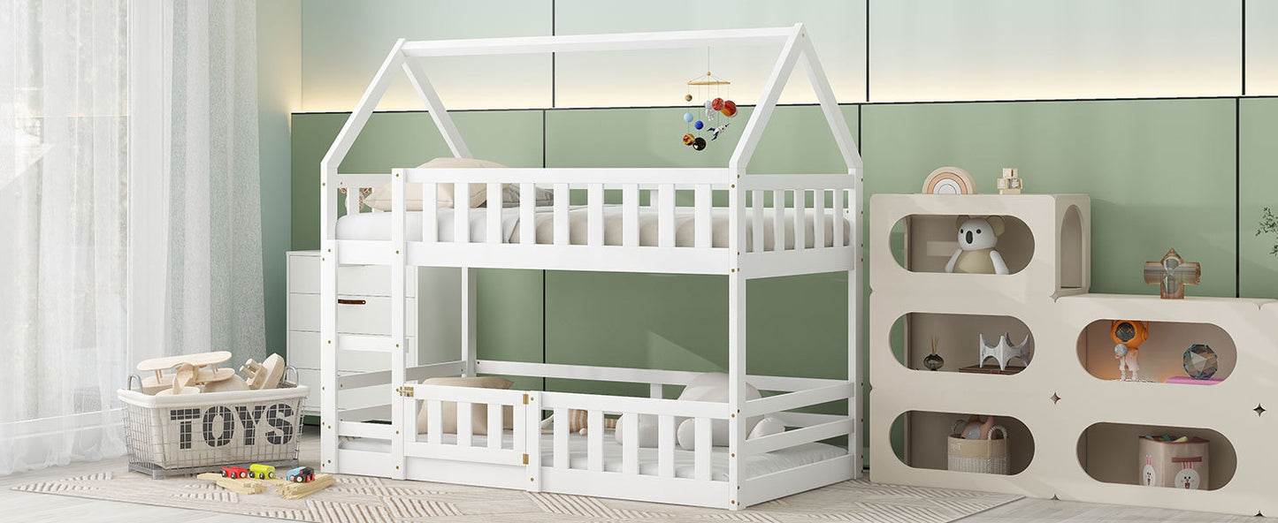 White Twin over Twin House Bunk Bed with Fence and Door