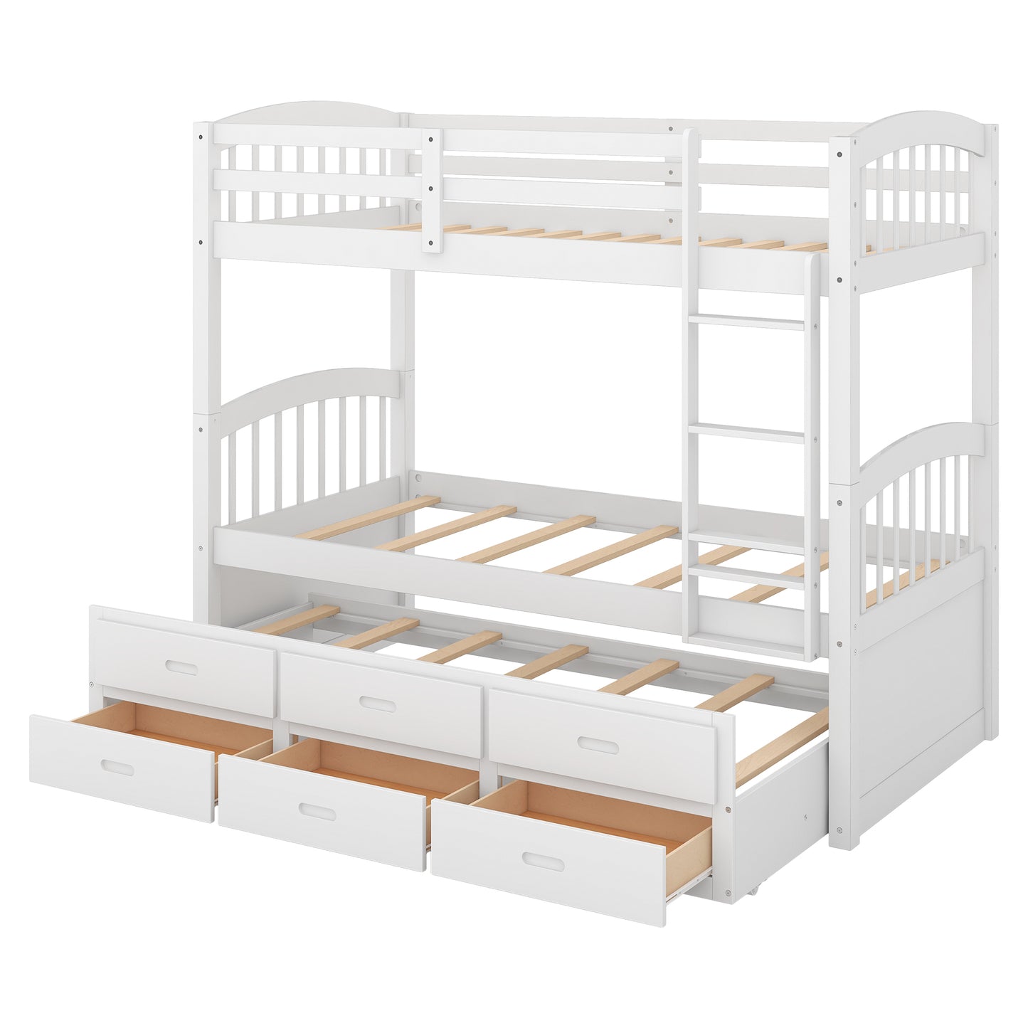 White Twin over Twin Wood Bunk Bed with Trundle and Drawers