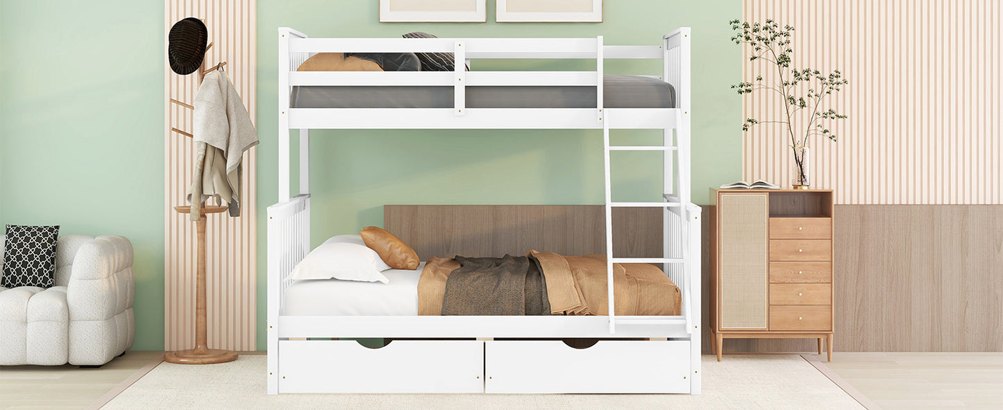 White Twin-Over-Full Bunk Bed with Ladders and Two Storage Drawers