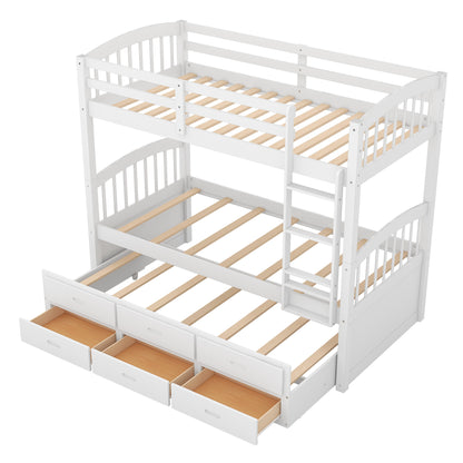 White Twin over Twin Wood Bunk Bed with Trundle and Drawers