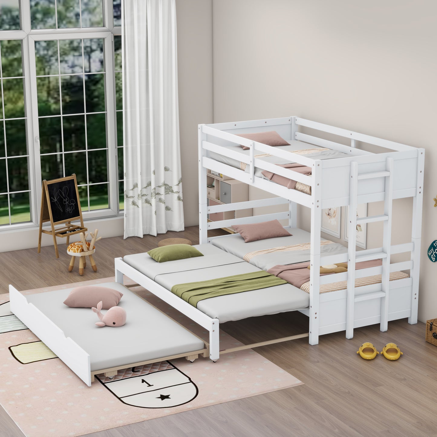 White Twin over Pull-out Bunk Bed with Trundle, White