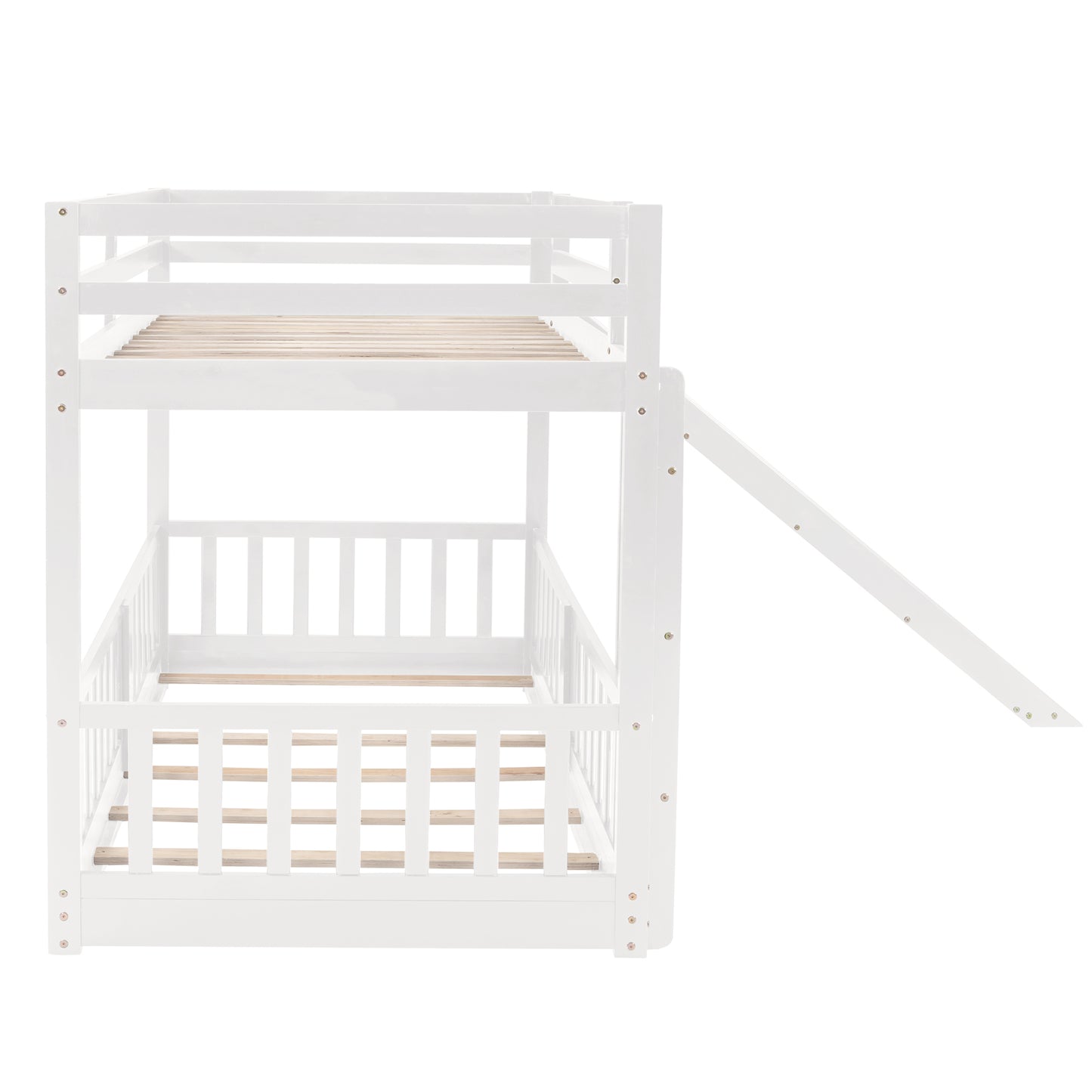 White Wood Twin Over Twin Bunk Bed with Slide and Ladder