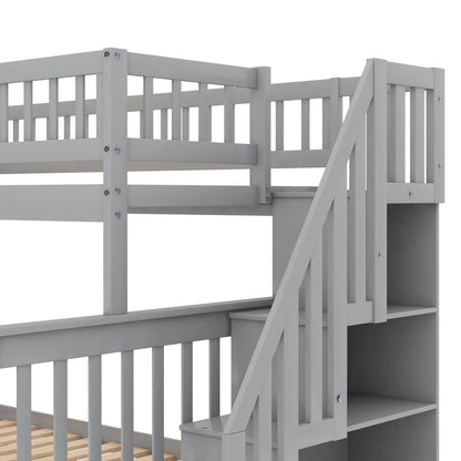 Gray Twin over Full Stairway Bunk Bed with Storage