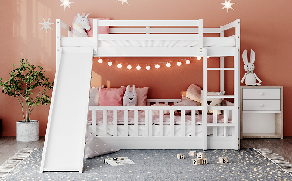 White Wood Twin Over Twin Bunk Bed with Slide and Ladder