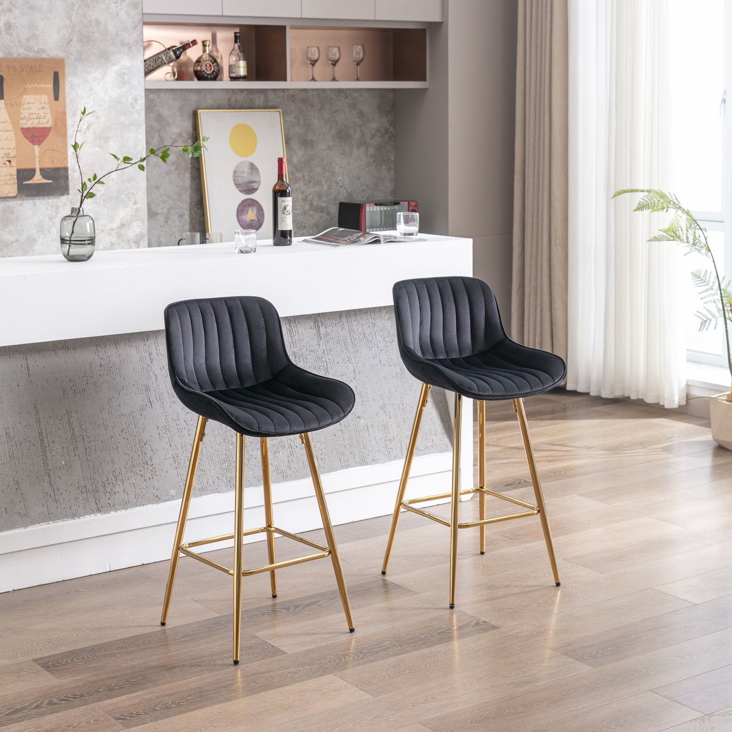 26" Set of 2 Bar Stools (black/gold)