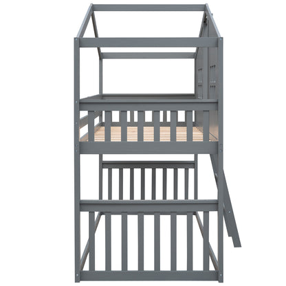 Gray House Twin Over Twin House Bunk Bed With Ladder