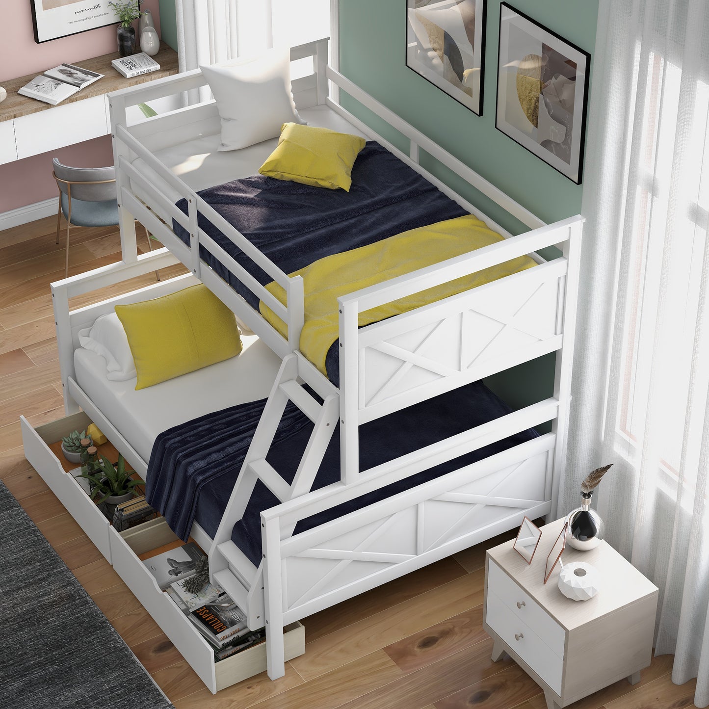 White X Twin over Full Bunk Bed with Storage