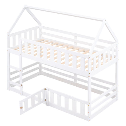 White Twin over Twin House Bunk Bed with Fence and Door